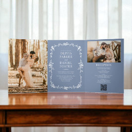 Dusty Blue French Viktorianisch QR Code Foto Weddi Dreifach Gefaltete Einladung