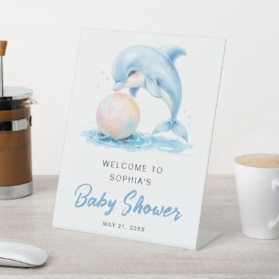 Dusty Blue Funny Dolphin Baby Dusche Willkommen Sockelschild