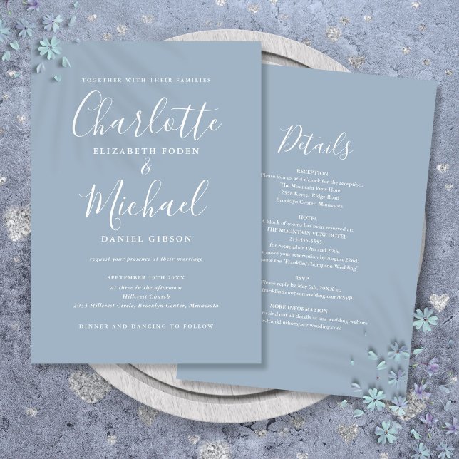 Dusty Blue ganz einfach in einem Skript Hochzeit Einladung (Dusty Blue Simple All In One Chic Script Wedding Invitation)