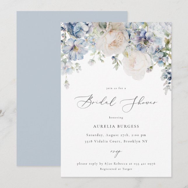 Dusty Blue Garden Floral Brautparty Einladung (Vorne/Hinten)