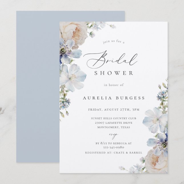 Dusty Blue Garden Floral Brautparty Einladung (Vorne/Hinten)