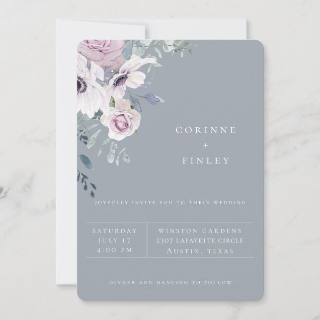 Dusty Blue Garden Floral Wedding Einladung (Vorderseite)