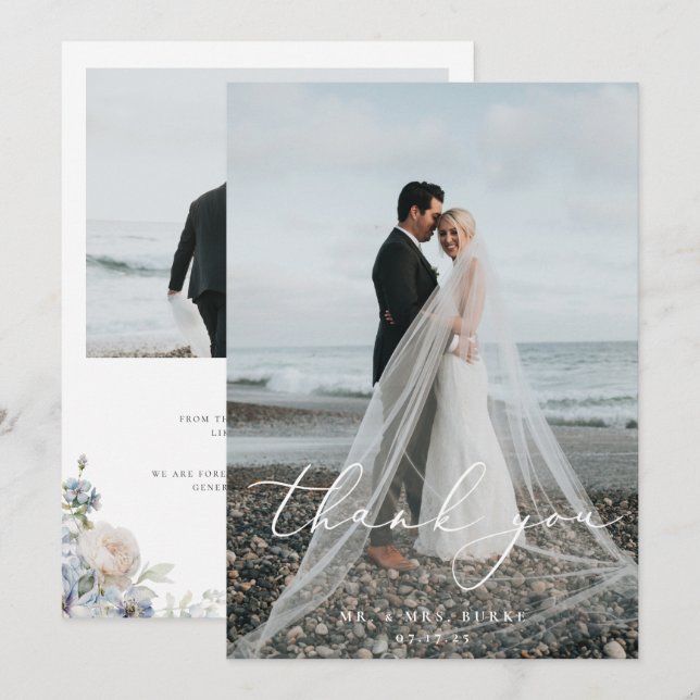 Dusty Blue Garden Floral Wedding Foto Dankeskarte (Vorne/Hinten)