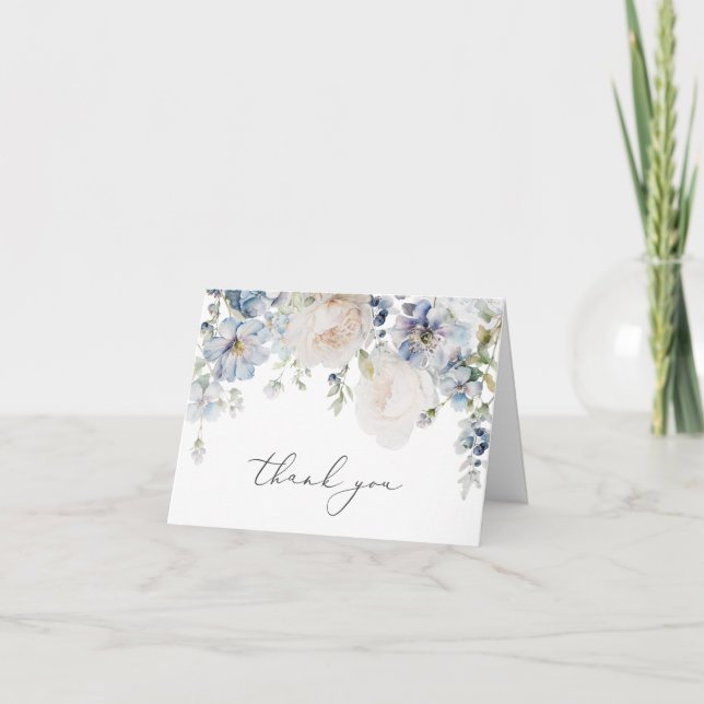 Dusty Blue Garden Floral Wedding Foto Dankeskarte (Vorderseite)