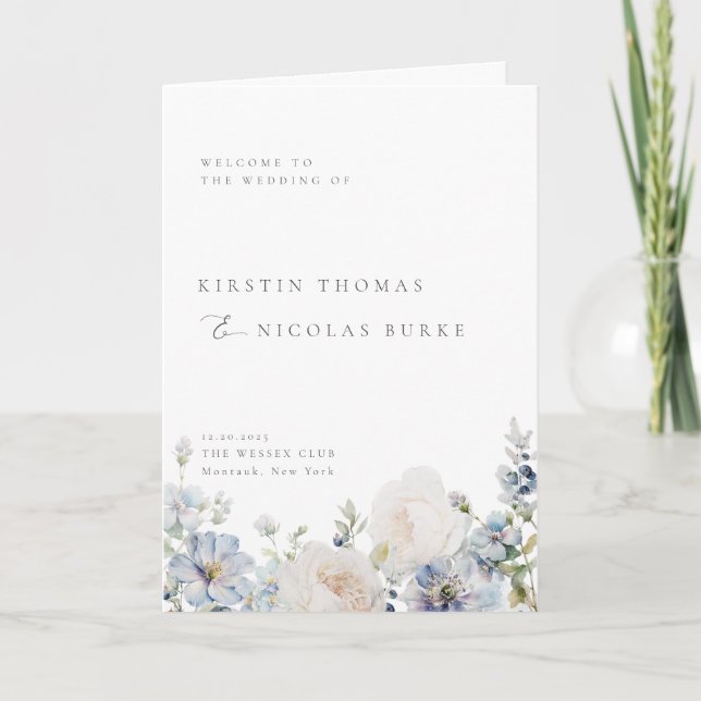 Dusty Blue Garden Floral Wedding Programm (Vorderseite)