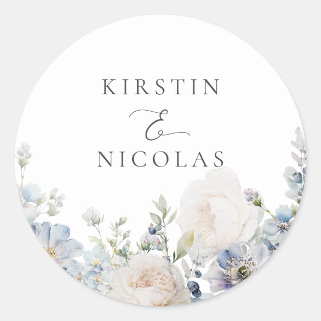 Dusty Blue Garden Floral Wedding Umschlag Aufklebe Runder Aufkleber (Vorderseite)
