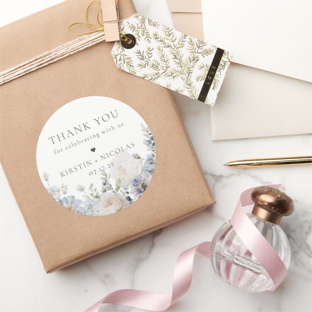 Dusty Blue Garden Floral Wedding Vielen Dank Runder Aufkleber (Schenken)