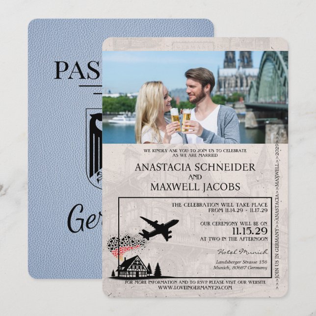 Dusty Blue Germany Passport Hochzeitseinladung Einladung (Vorne/Hinten)