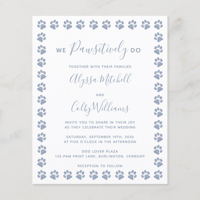 Dusty Blue Glitzer Paw Prints Budget Wedding (Vorderseite)