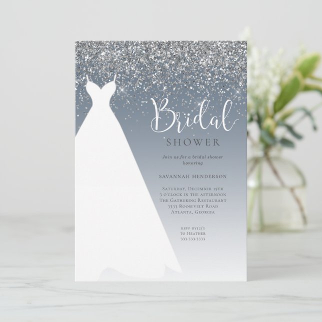 Dusty Blue Glitzer Wedding Dress Brautparty Einladung (Stehend Vorderseite)