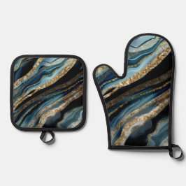 DUSTY BLUE & GOLD AGATE SEHEN ABSTRAKT OFENHANDSCHUH & Topflappen-Set