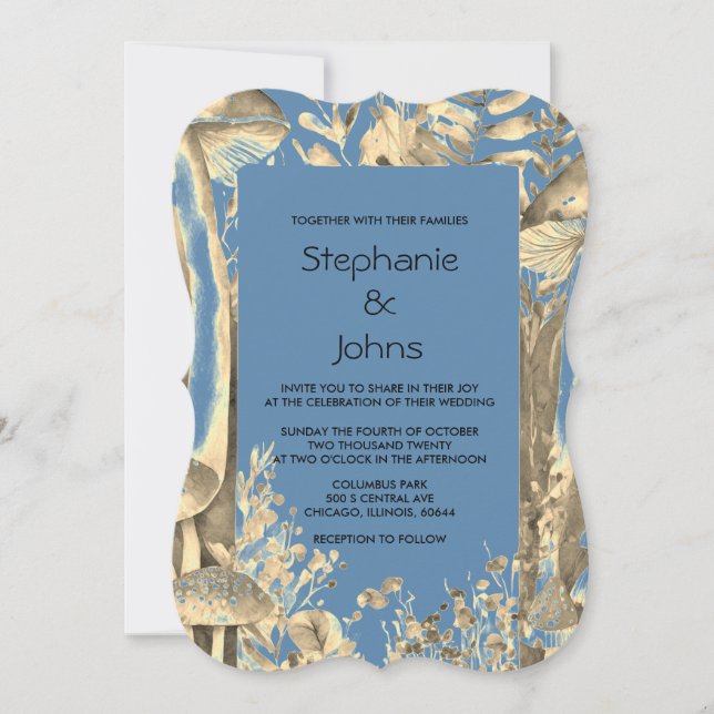 Dusty Blue Gold Artistic Mushroom Woodland Wedding Einladung (Vorderseite)