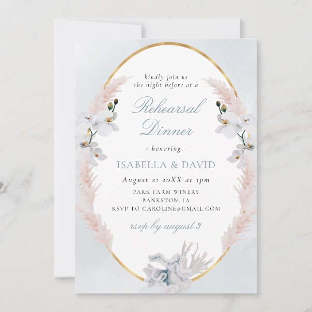 Dusty Blue & Gold Beach Coral Probe Dinner Einladung (Vorderseite)