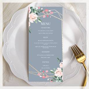 Dusty Blue Gold Blush Pink Floral Wedding Menükarte