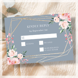 Dusty Blue   Gold   Blush Pink Floral Wedding RSVP Karte