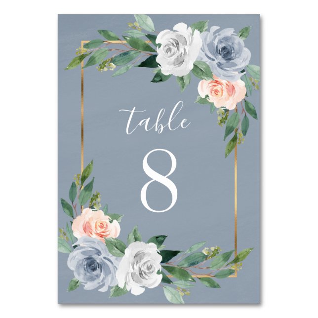 Dusty Blue Gold Blush Pink Peach Floral Wedding Tischnummer (Vorderseite)