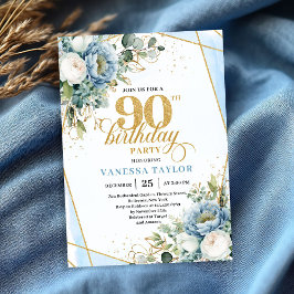 Dusty blue gold botanicals frame 90th birthday  einladung