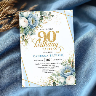 Dusty blue gold botanicals frame 90th birthday  einladung