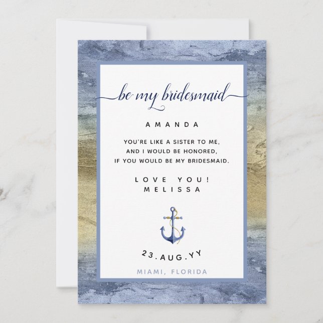 Dusty Blue Gold Bridesmaid Vorschlag Nautic Card Einladung (Vorderseite)