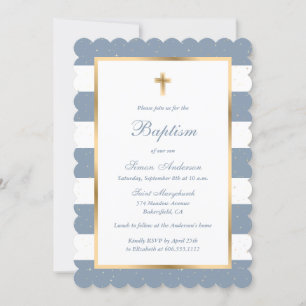 Dusty Blue Gold Cross Stars Streifen Taufe Einladung