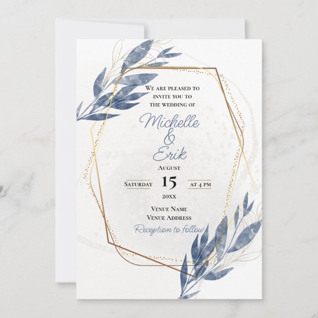 Dusty Blue Gold Elegante Moderne Luxus Hochzeitsre Einladung (Vorderseite)