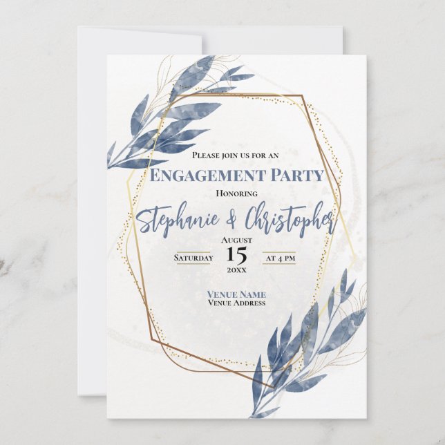 Dusty Blue Gold Eucalyptus Floral Verlobung Einladung (Vorderseite)