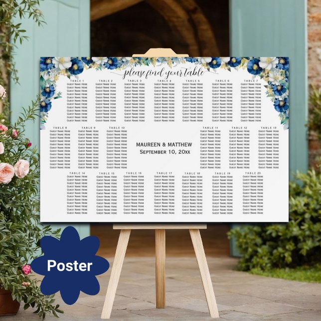 Dusty Blue Gold Floral 20 Tische Hochzeitssitze Poster (Von Creator hochgeladen)