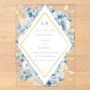 Dusty Blue Gold Floral Bloom bei einer Hochzeit Acryleinladungen