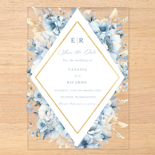 Dusty Blue Gold Floral Bloom bei einer Hochzeit Acryleinladungen (Vorderseite)