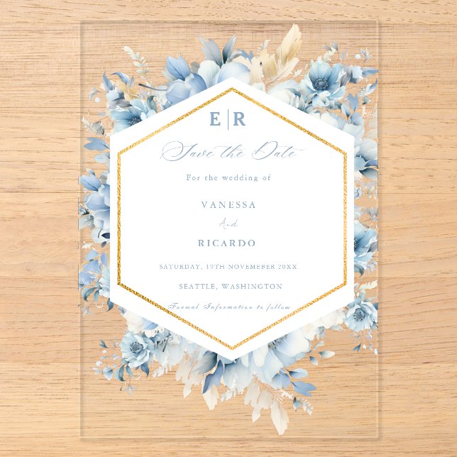 Dusty Blue Gold Floral Bloom bei einer Hochzeit Acryleinladungen (Vorderseite)