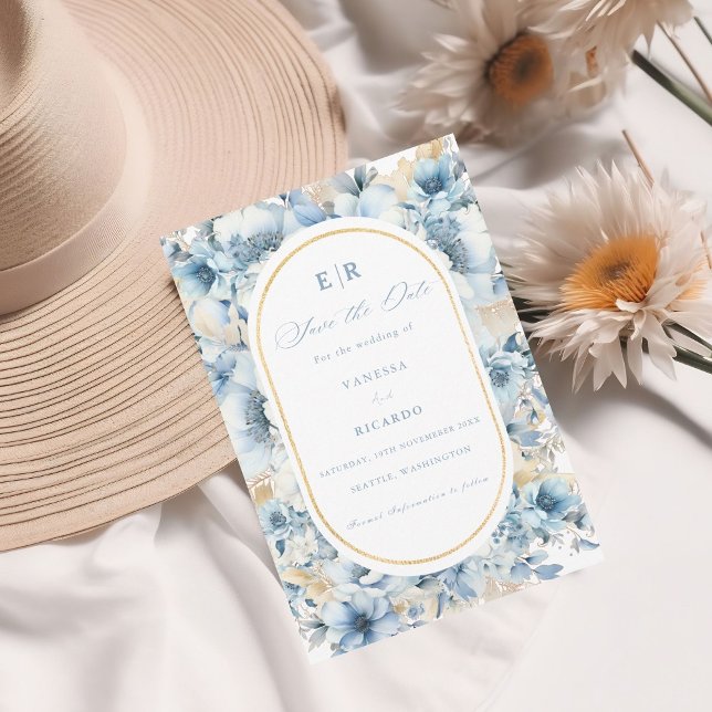 Dusty Blue Gold Floral Bloom bei einer Hochzeit Einladung (Von Creator hochgeladen)