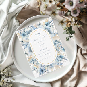 Dusty Blue Gold Floral Bloom bei einer Hochzeit Save The Date