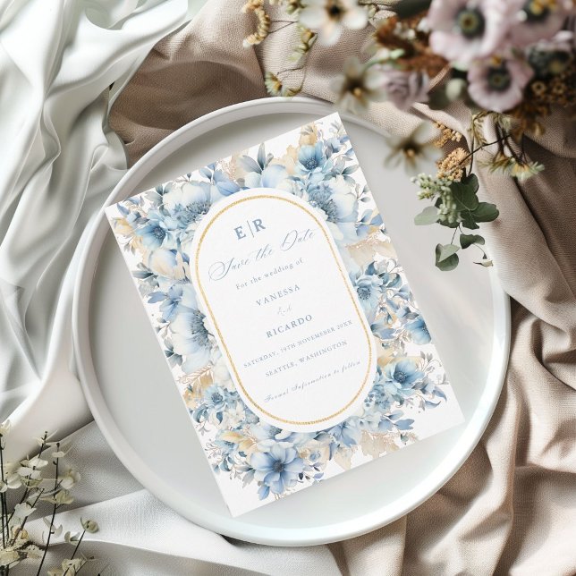 Dusty Blue Gold Floral Bloom bei einer Hochzeit Save The Date (Von Creator hochgeladen)
