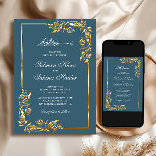 Dusty Blue Gold Floral Border Islamic Wedding Einladung