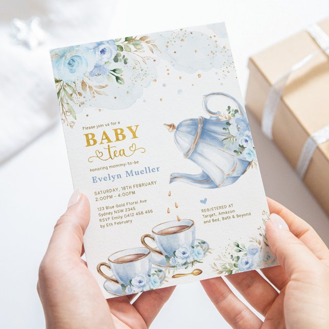 Dusty Blue Gold Floral Boy Baby Shower Tee Party Einladung (Von Creator hochgeladen)