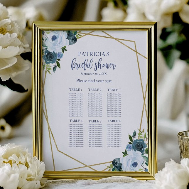 Dusty Blue Gold Floral Brautparty Seekarte Poster (Von Creator hochgeladen)