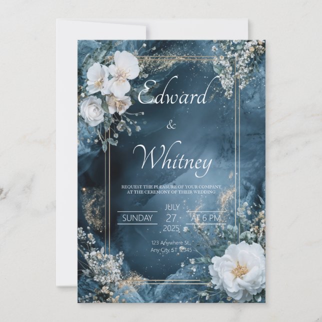 Dusty Blue & Gold Floral Faire-part de mariage (Devant)