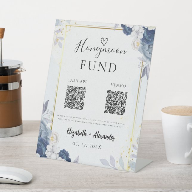 Dusty Blue Gold Floral Hochzeitsfonds Sockelschild (In SItu)