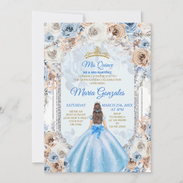 Dusty Blue & Gold Floral Mis XV Anos Einladung (Vorderseite)