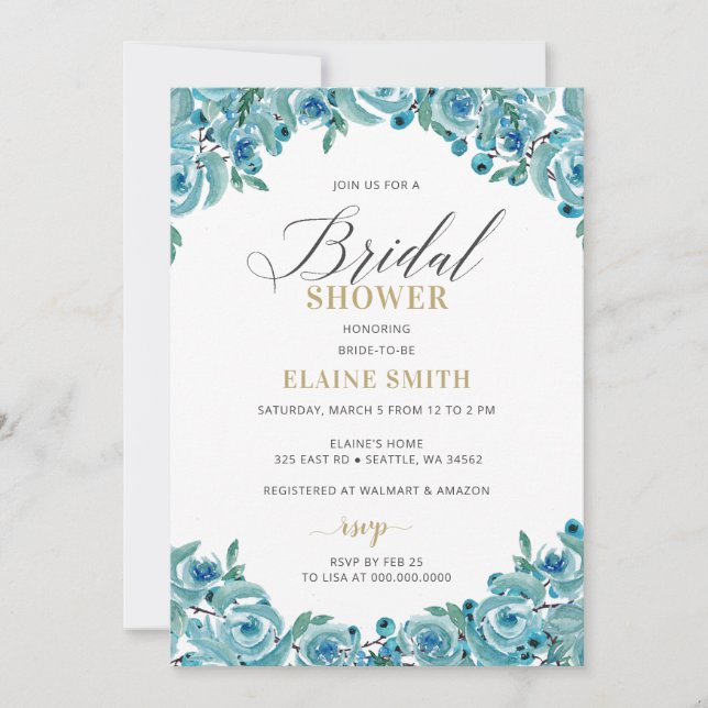 Dusty Blue Gold Floral Modernes Brautparty Einladung (Vorderseite)
