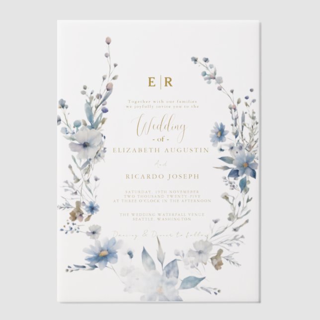 Dusty Blue Gold Floral Spring Bloom Wedding (Vorderseite)