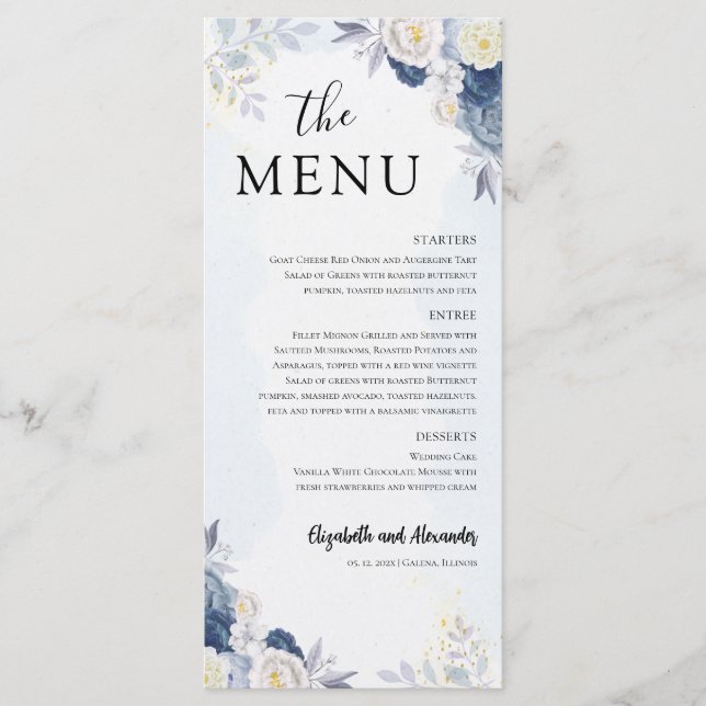 Dusty Blue Gold Floral Wedding Menü und vielen Dan Menükarte (Vorderseite)