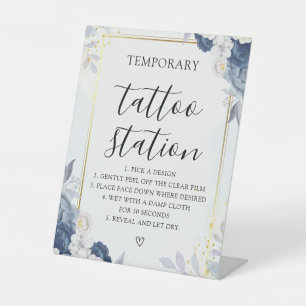 Dusty Blue Gold Floral Wedding Tattoo Sign Sockelschild
