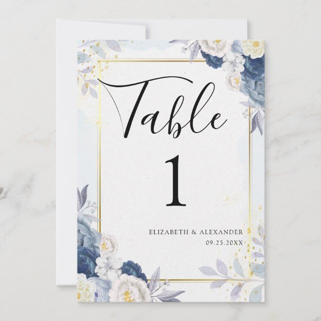 Dusty Blue Gold Floral Wedding Tischnummern Card (Vorderseite)