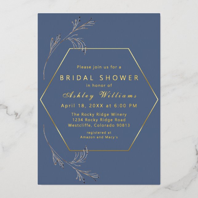 Dusty Blue Gold Foil Bridal Dusche Einladung (Vorderseite)