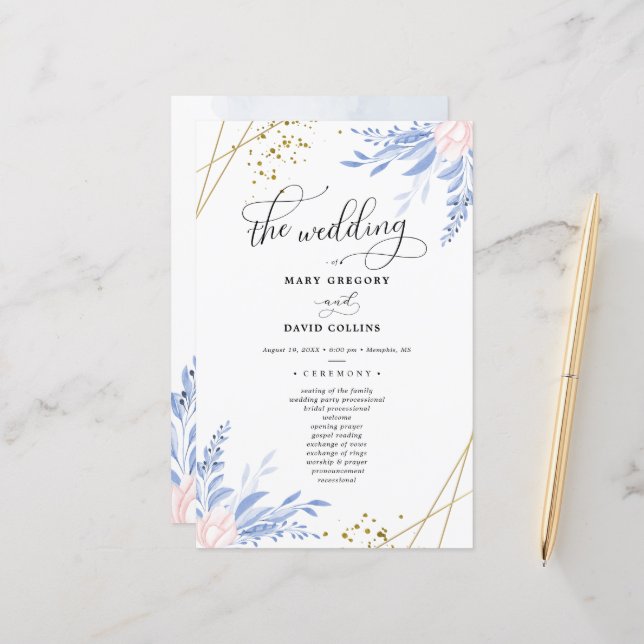 Dusty Blue Gold Geometric Floral Wedding Zeremonie (Vorderseite/Rückseite Beispiel)