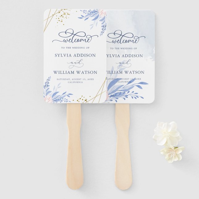 Dusty Blue Gold Geometric Pink Floral Wedding Fächer (Vorne und Hinten)