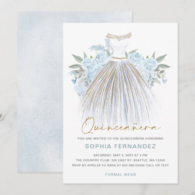 Dusty Blue Gold Glitzer Blumenkleid Quinceañera Einladung (Vorne/Hinten)