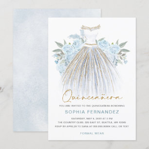 Dusty Blue Gold Glitzer Blumenkleid Quinceañera Einladung
