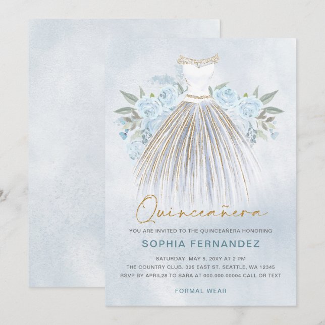 Dusty Blue Gold Glitzer Blumenkleid Quinceañera Einladung (Vorne/Hinten)